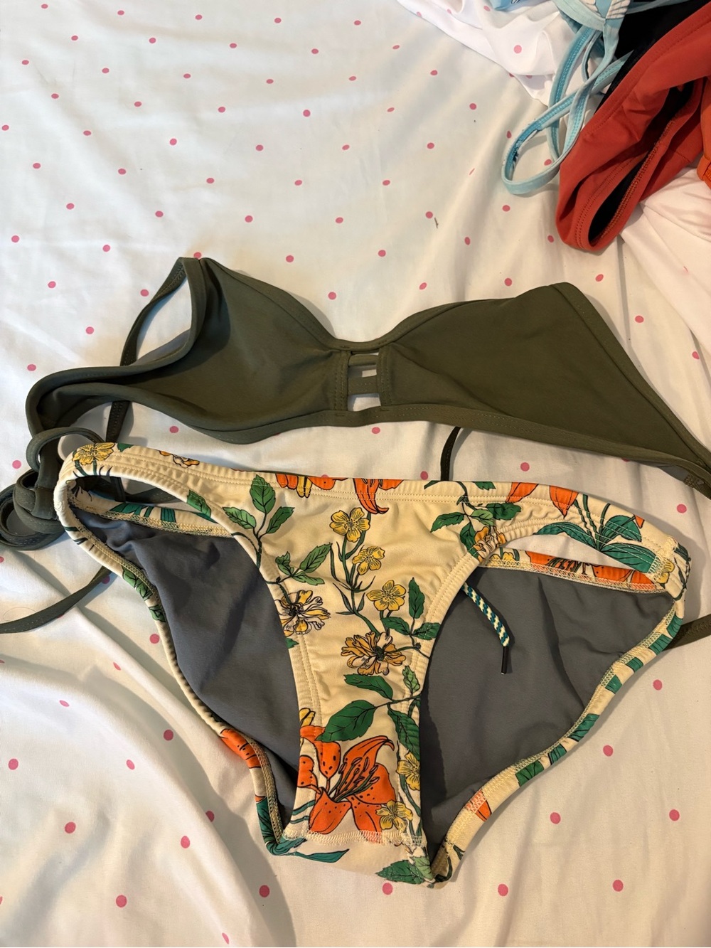 Olive Green Bikini Top and Floral Bikini Bottom Set